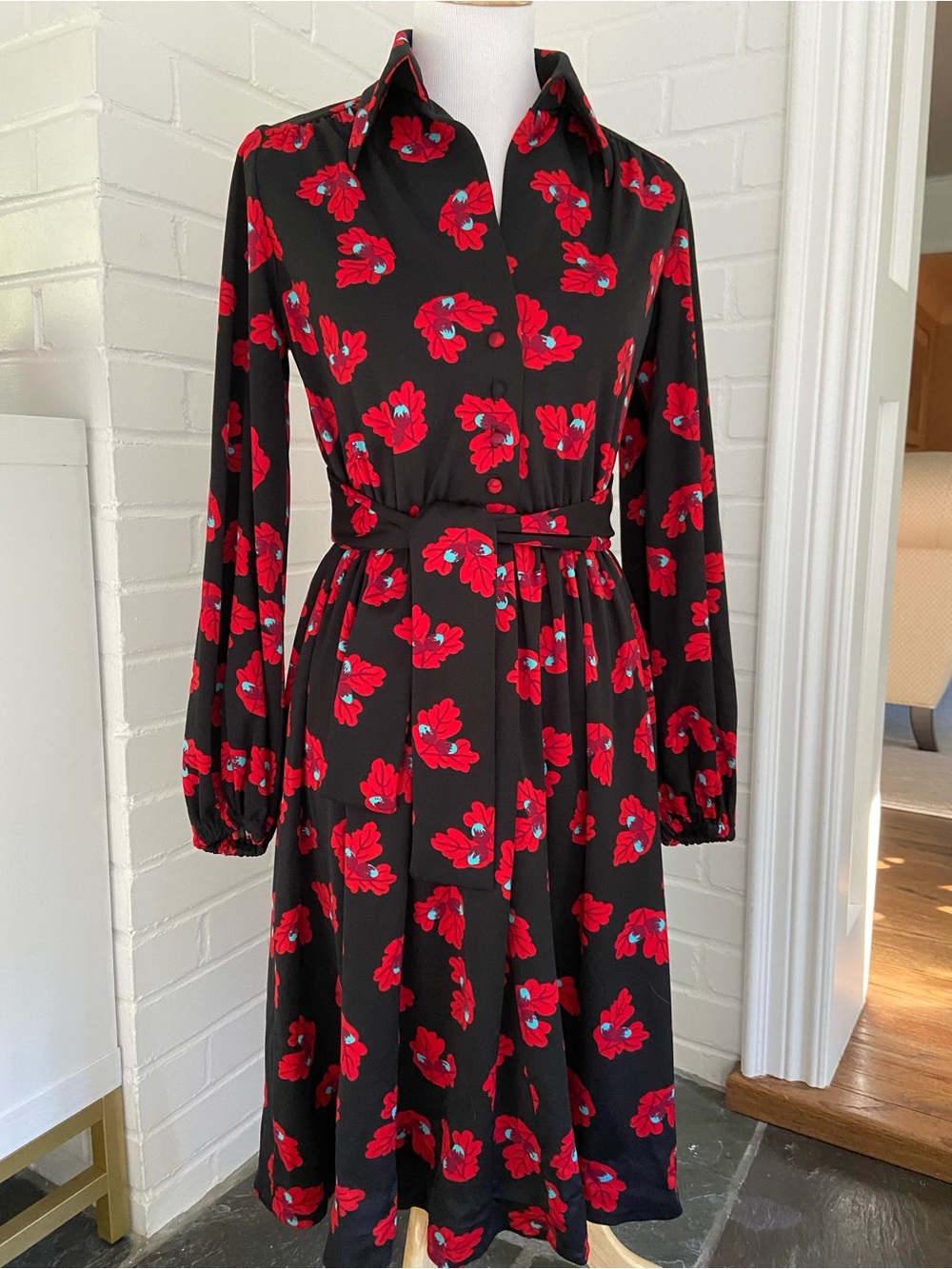 Womens Classic 1970 Size 10 Black Floral Shirt Dress with Red Bloom Print
